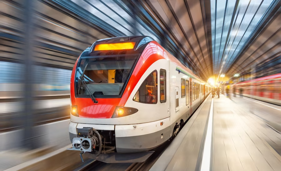 a high-speed train with motion blur, taken at a station